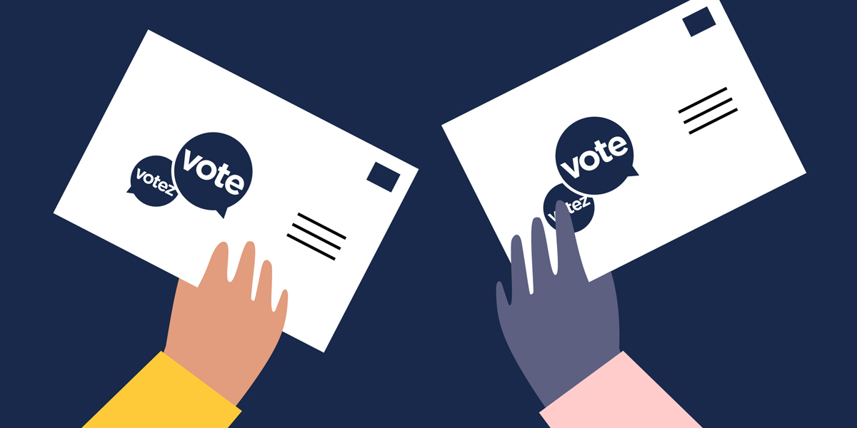 Illustration of two hands holding up cards that say 'Vote.'