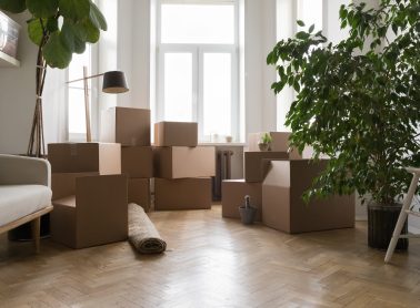 Empty living room with cardboard boxes on relocation day