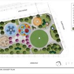 An illustrated drawing of the park at M-City showing the event lawn space, centre plaza, playgrounds, fitness area, public art, shade structures and trees and plantings.