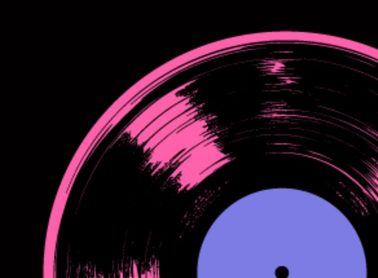 A pink and purple record on a black background.