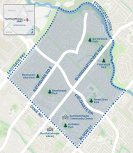 Map of the Burnhamthorpe SNAP area in Ward 3, bounded by Dixie Road, Eastgate Parkway, Etobicoke Creek and Bloor Street.