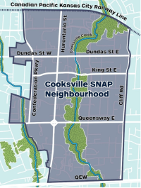 Map of Cooksville SNAP area in Ward 7, bounded by Canadian Pacific Kansas City Railway line, Cliff Road, QEW, and Confederation Parkway.