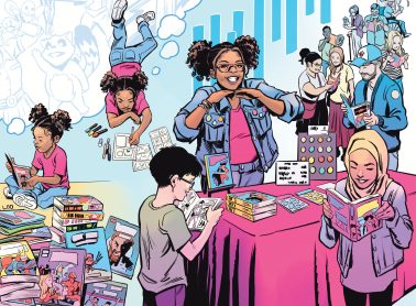 Illustration promoting a comic expo, showing attendees reading comics, meeting creators, browsing books and artwork, and participating in comic-themed activities.