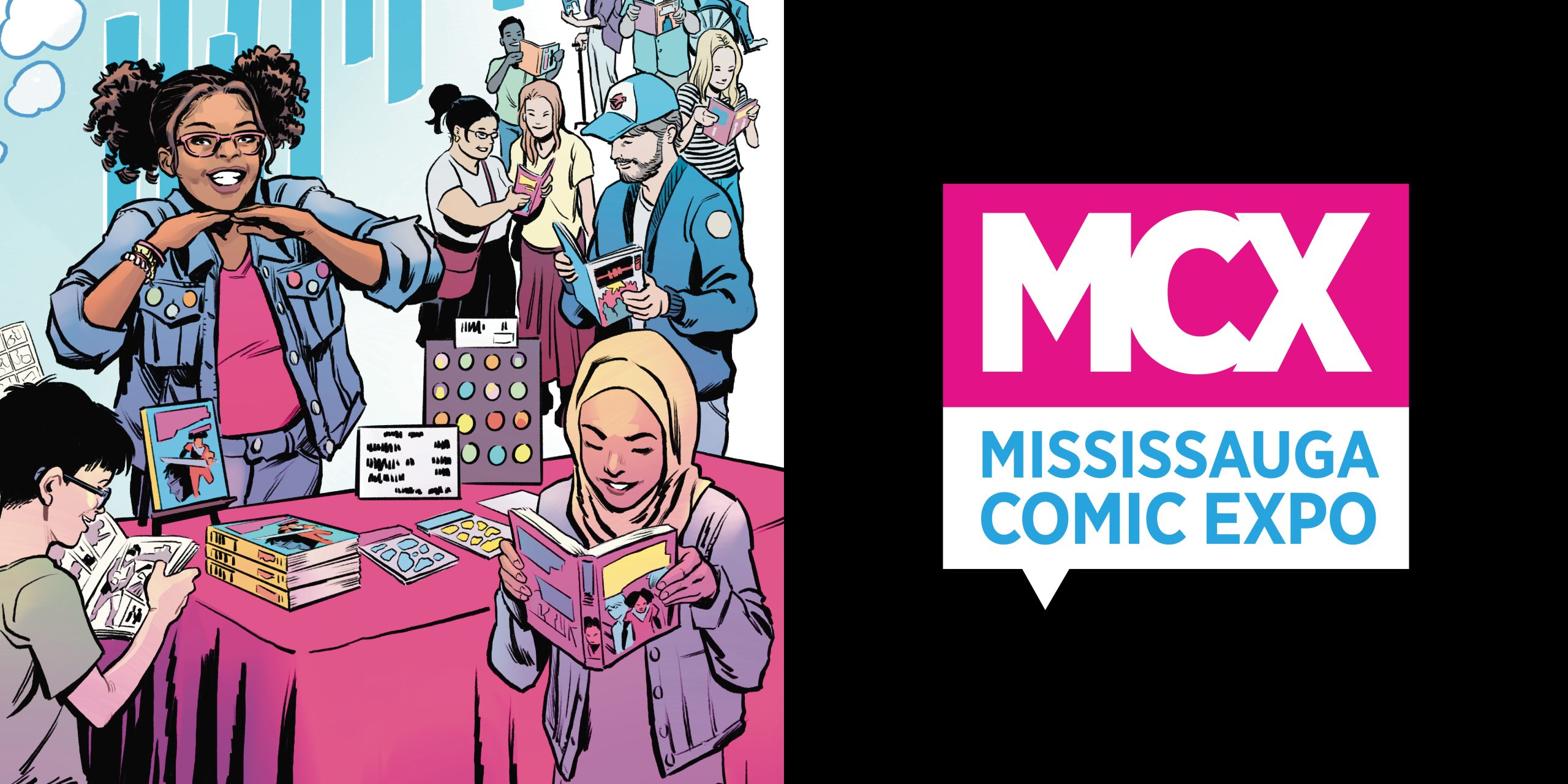 Illustration promoting a comic expo, showing attendees reading comics, meeting creators, browsing books and artwork, and participating in comic-themed activities.