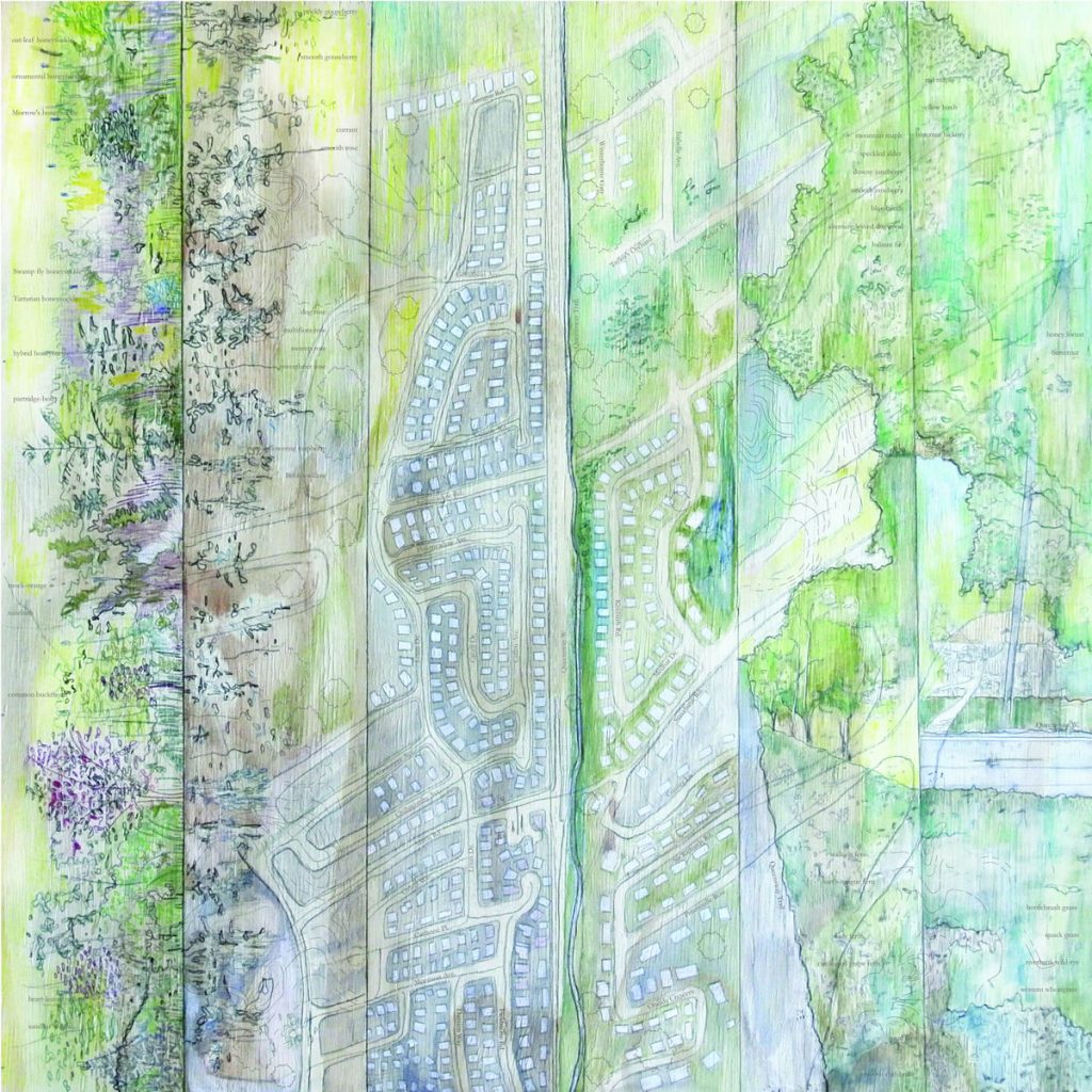 Light green and blue watercolour painting on wood, showing a forested area on the left, a bird’s eye view of the Queensway Trail in the middle and a landscape view on the right.