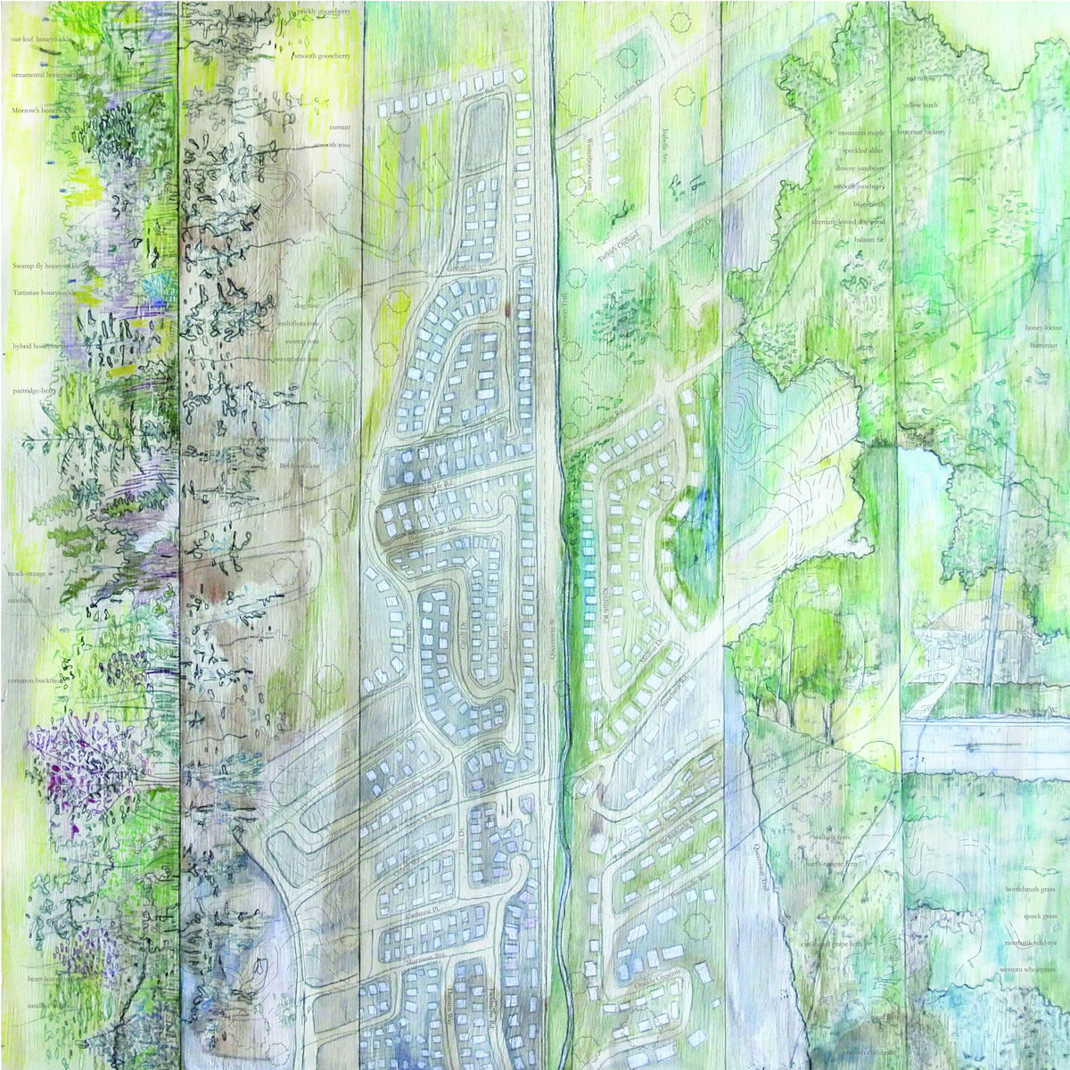 Light green and blue watercolour painting on wood, showing a forested area on the left, a bird’s eye view of the Queensway Trail in the middle and a landscape view on the right.