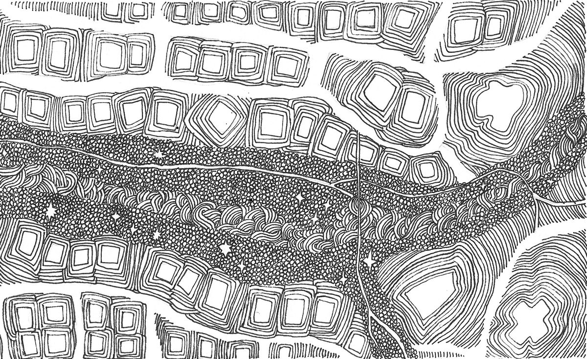 Black and white line drawing of different sized squares, circles, stars and swirls, laid out like a map representing Applewood Trail.