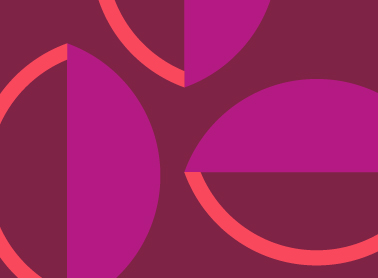 Dark red background with pink and purple shapes.