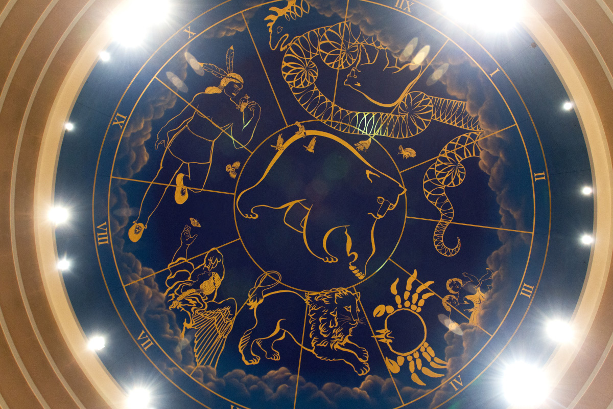 Large circular mural on the ceiling of council. A blue background with golden depictions of animals representing their constellations.