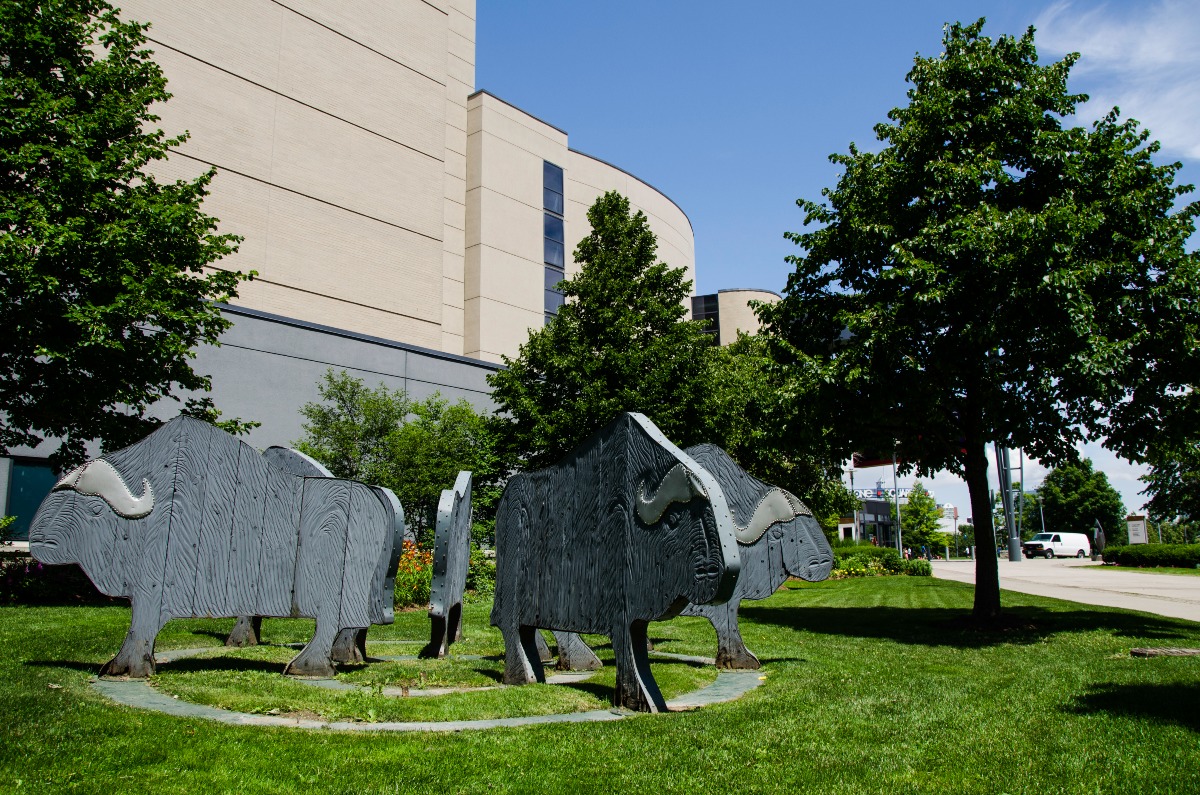 Six grey forms of oxen stand in a circle facing outward on a circular cement pad.