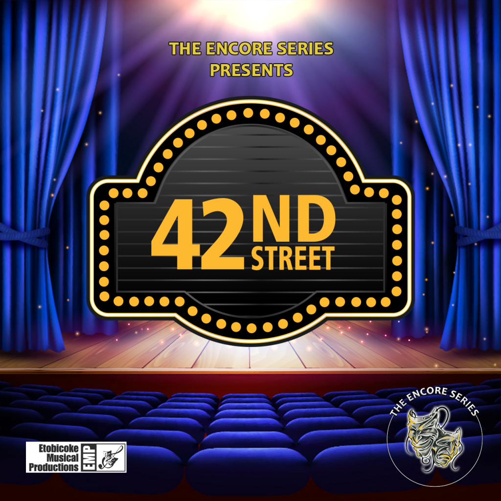 42nd street show logo appearing on a stage with blue curtains
