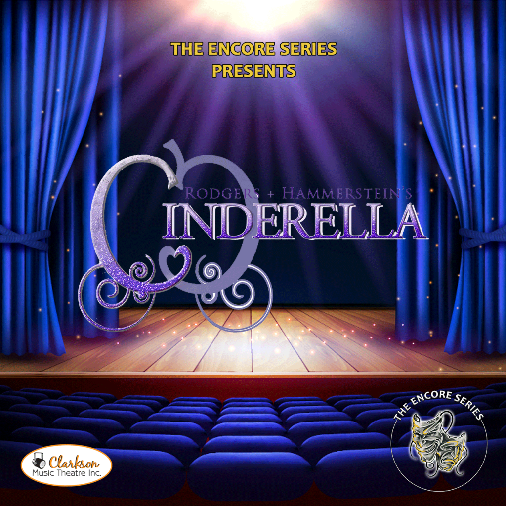 Cinderella show logo on a stage with blue curtains