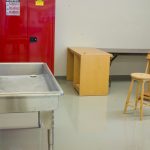 A large sink in the foreground with a metal cabinet and wooden easel in the background.