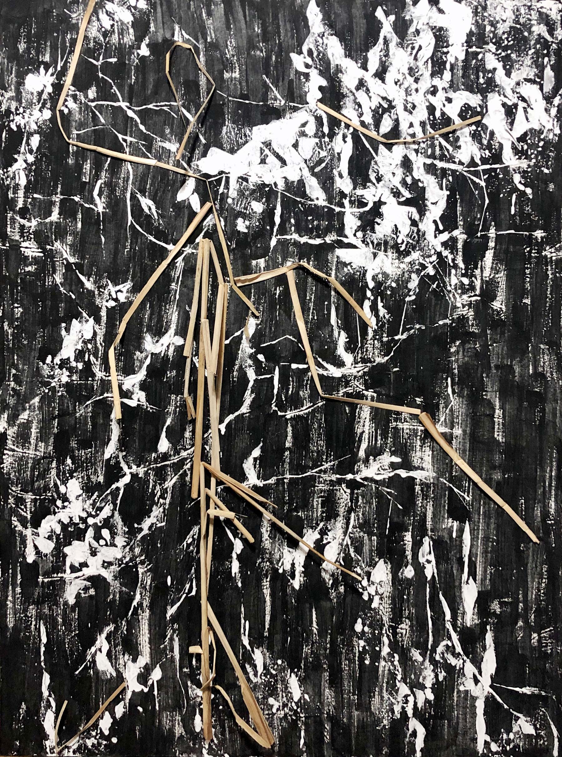 Black painting with white and gold splatters.