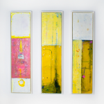 Three rectangular panels covered in pink and yellow paint.