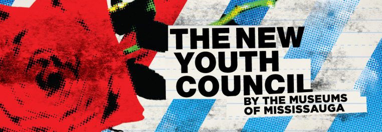 A page from a notebook with a cut-out of a rose overlaid and the text, The New Youth Council by the Museums of Mississauga.