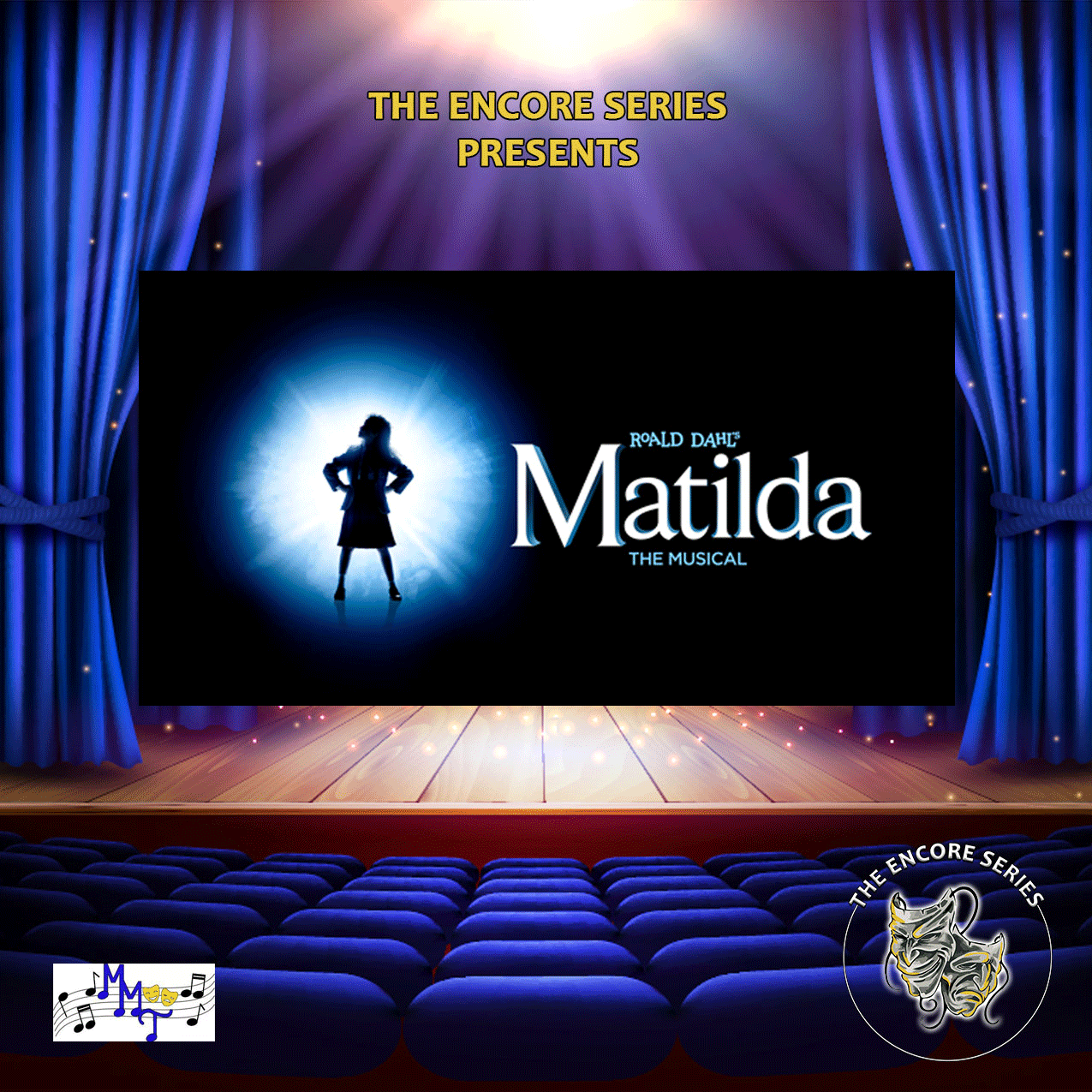 Matilda show logo on a stage with blue curtains