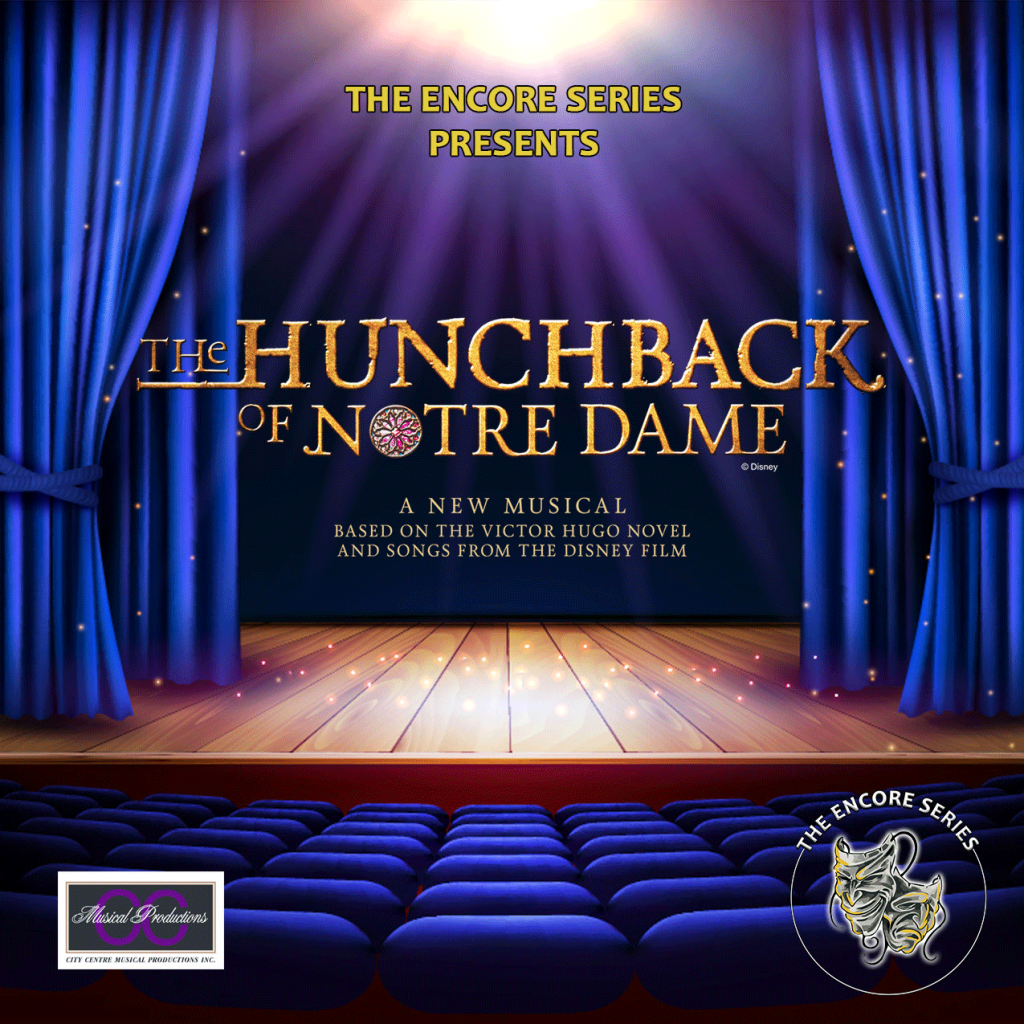 hunchback of notre dame show logo on a stage with blue curtains