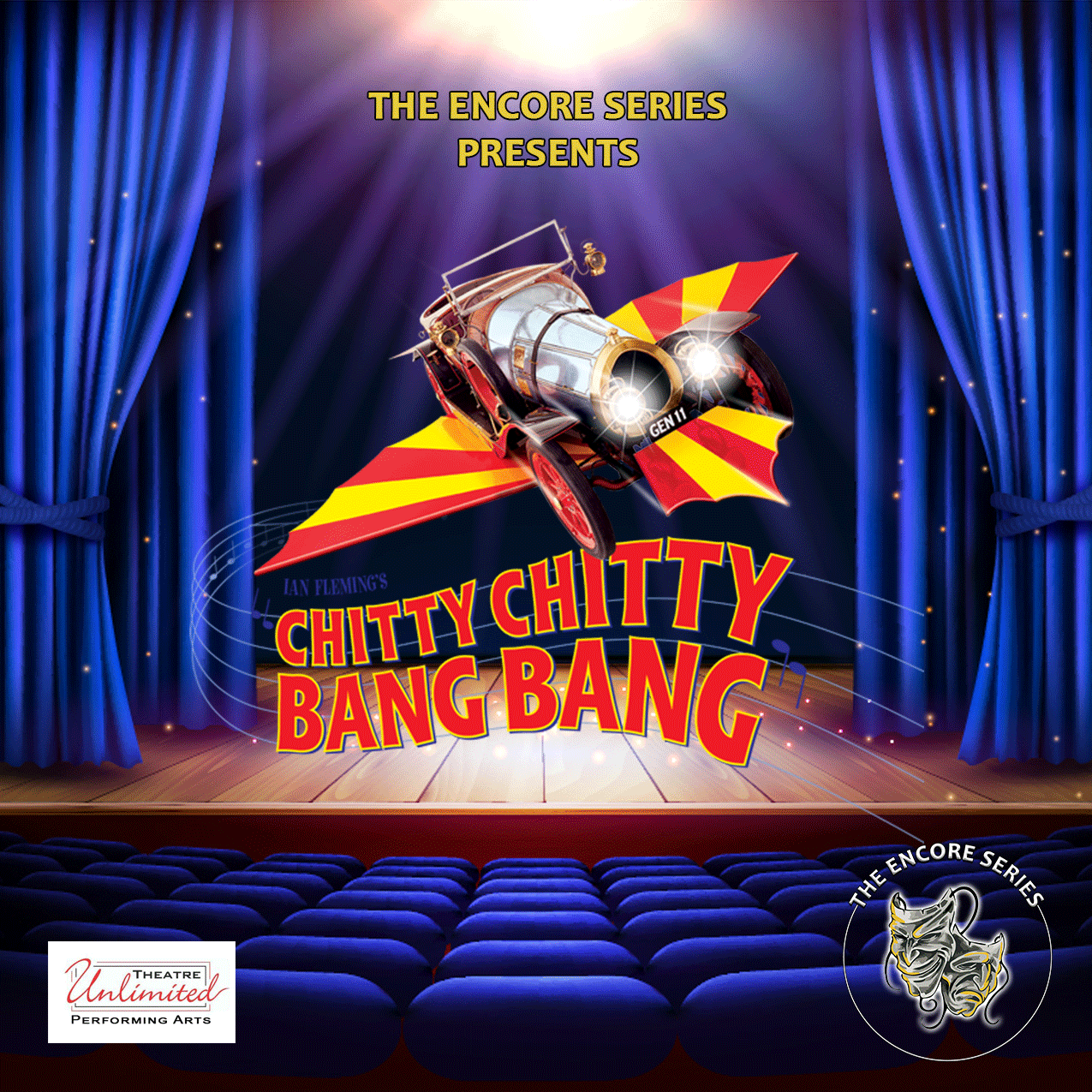 chitty chitty bang bang show logo on a stage with blue curtains