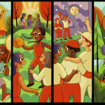 Brightly coloured mural panels showing children running and waving at a lady, talking and playing basketball, playing baseball, and jogging while looking up at a bird.
