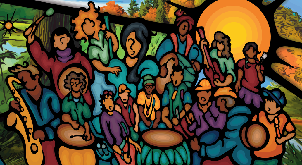 Colourful artwork that shows different aspects of theatre production through an illustration of people playing instruments and singing.