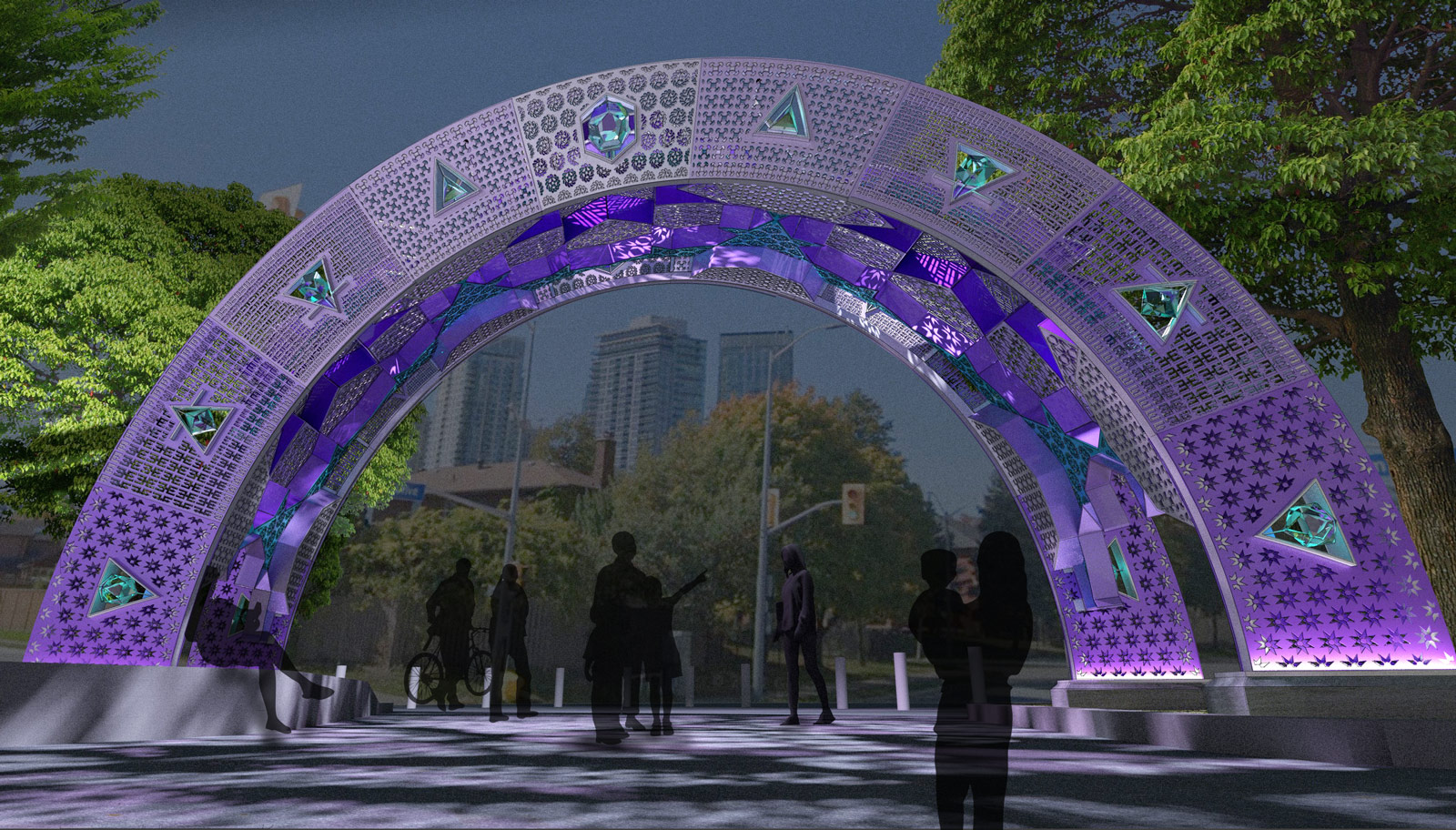 Rendering of art piece showcasing metallic arch surrounding park at dusk from east view