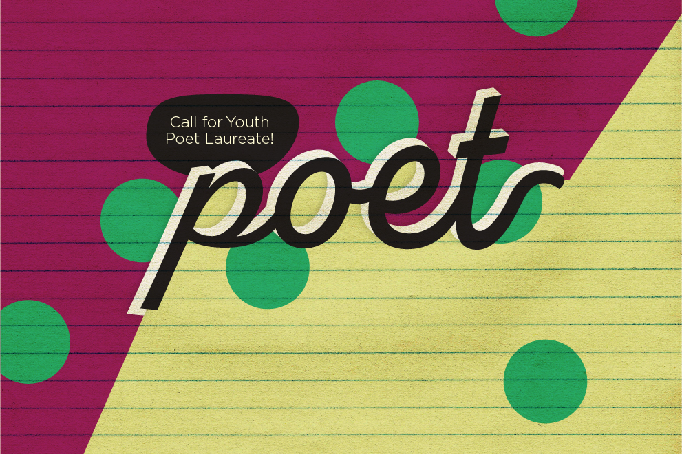 Graphic with the word poet as the headline, surrounded by lined yellow paper and a call for people to apply