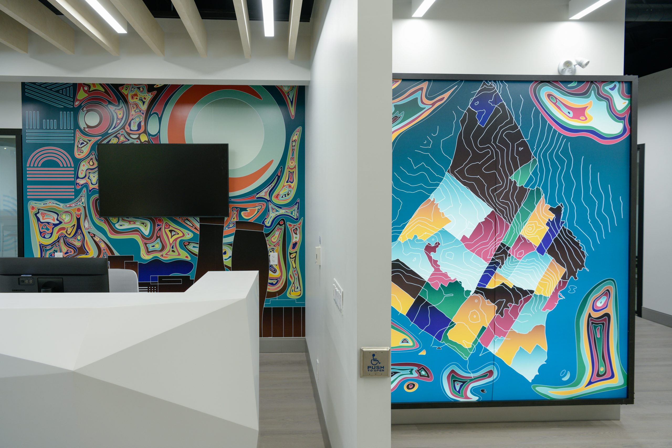 Colourful map graphic in office space
