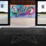 Interior view of exterior mural at Tomken Arena