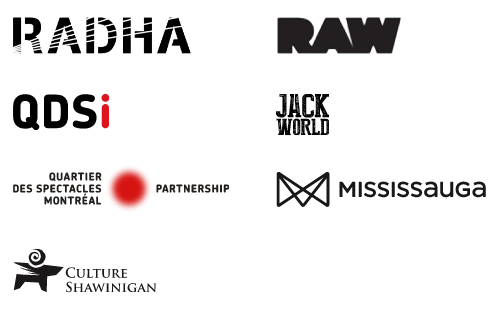 Logos for Radha, RAW Design, QDSi, Jack World, QDSP, City of Mississauga and Culture Shawinigan.