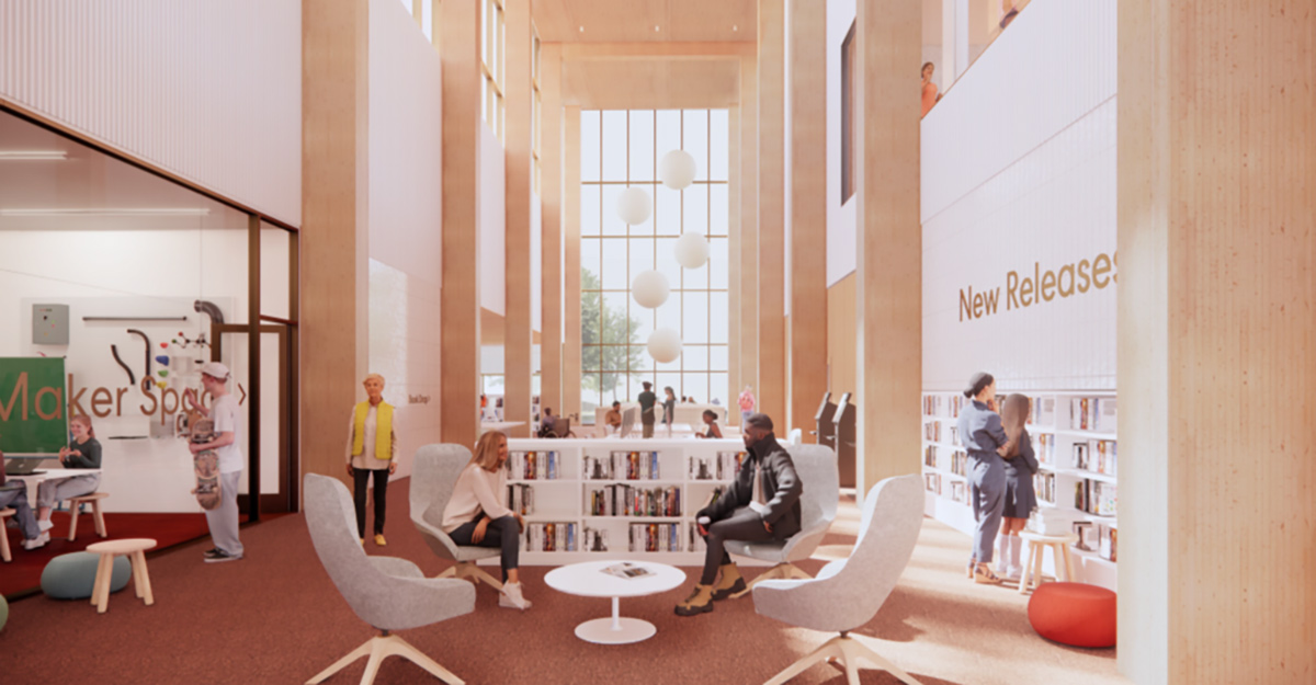 An interior rendering of South Common Community Centre Library.