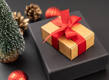 gift box and holiday tree, pine cone and ornament