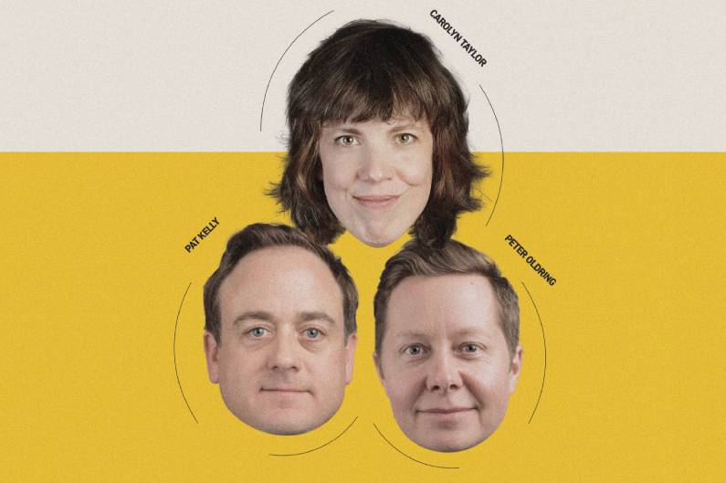 three comedian heads with their names