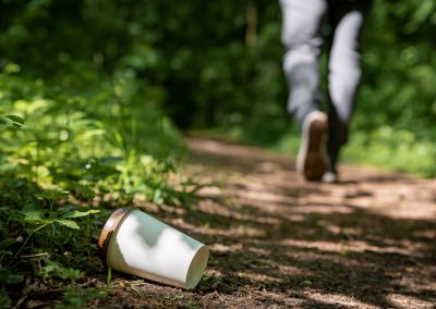 Disposable coffee cup thrown away on the ground in forest