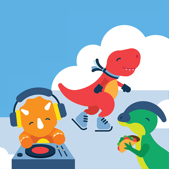 Three cartoon dinosaurs with one skating on an ice rink, another deejaying and the third is eating a taco.