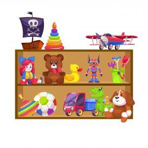 Kids toys shelves. Toy kid shop wood shelf doll bear baby game plane colorful pyramid piano rattle car rabbit duck flat vector illustration