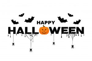 Happy Halloween background text with pumpkin, bats, spider web and blood. Halloween background 