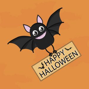 Halloween bat banner with a bat cartoon character above the banner scroll