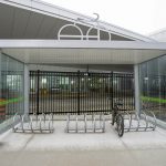 This is the covered bike parking outside of the Kipling Bus Terminal entrance.