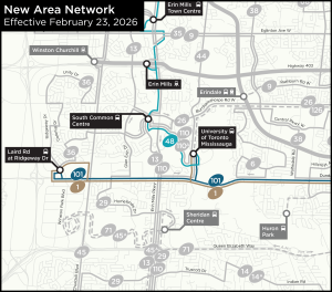 Close up view of a map of the revised MiWay services along Dundas Street.