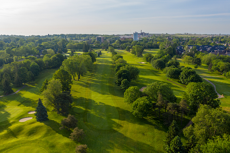 Aerial view of holes 1 and 5 at Lakeview Golf Course.