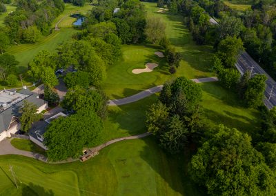 Aerial view of the Lakeview clubhouse with holes 10 and 11.